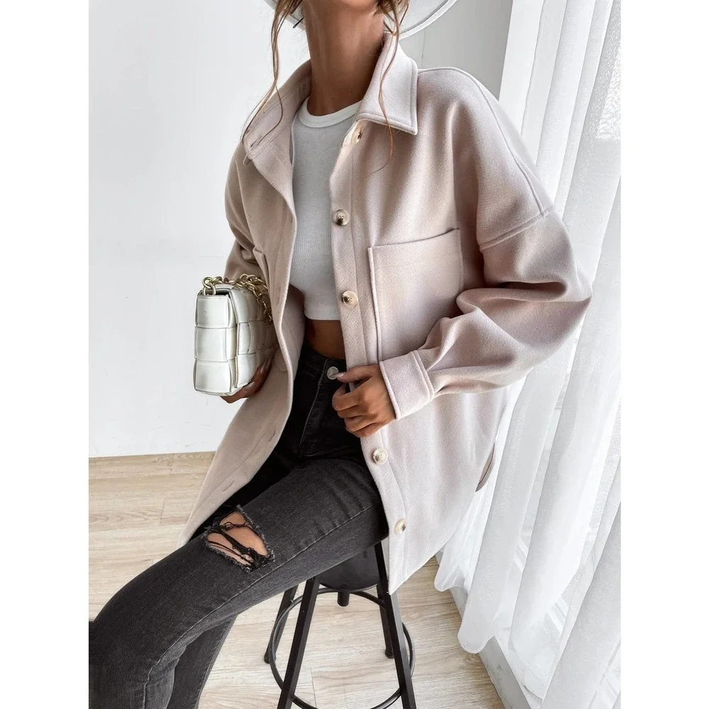 Drop Shoulder Pocket boyfriend shacket oversized jacket Coat cream tan - Picture 3 of 8